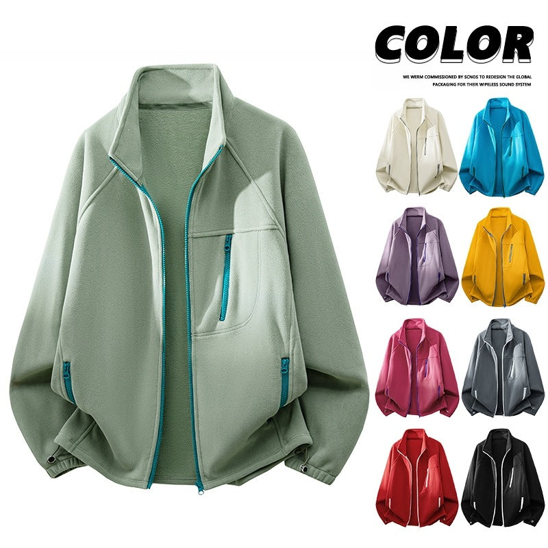 Unisex Lightweight Fleece Jacket with Stand-Up Collar, Raglan Sleeves and Multiple Zip Pockets Chichicherry