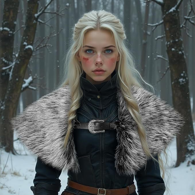 Ladies' coat cape made of faux fur with large shoulder collar and decorative buckle appliqué Chichicherry