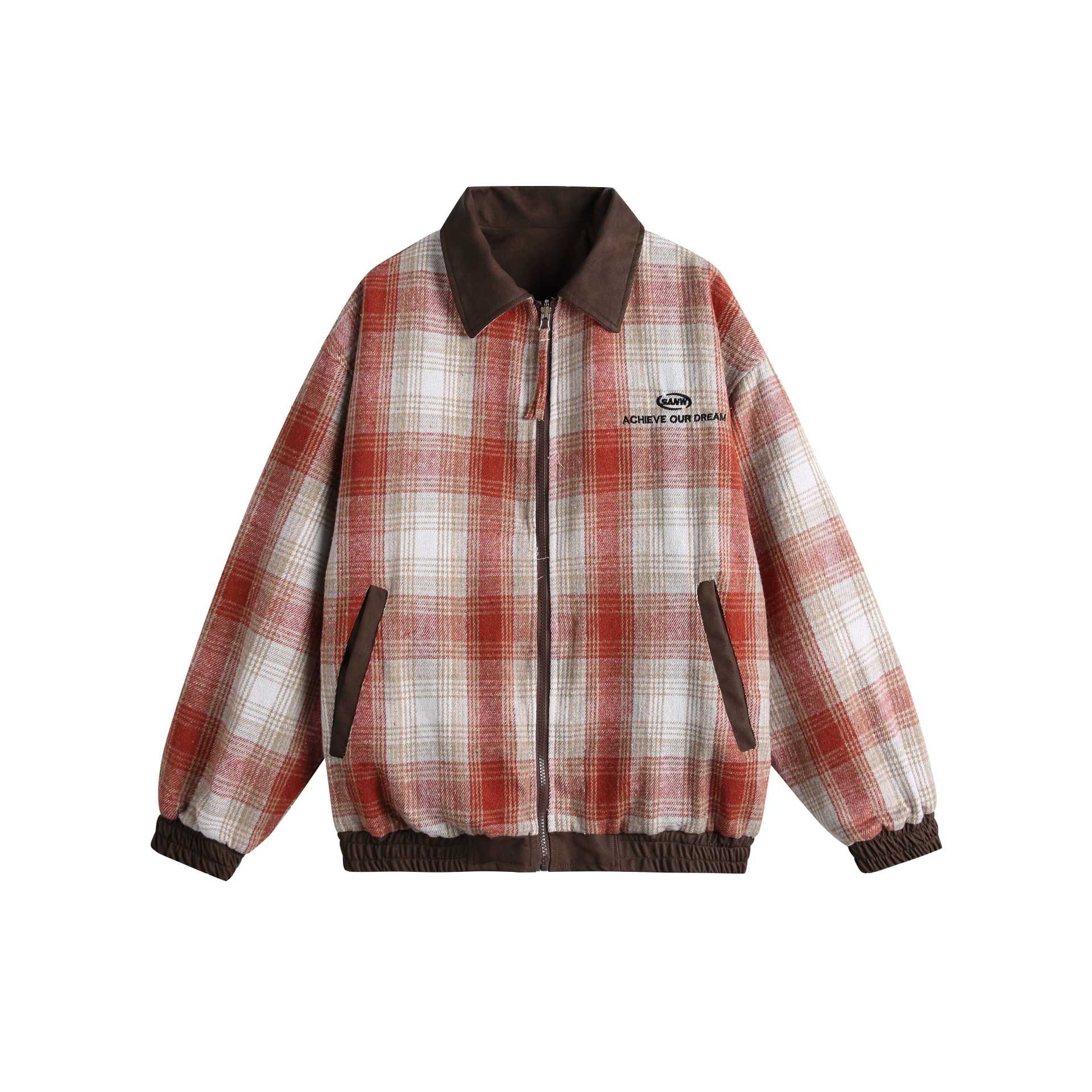 Women's short cut boxy jacket in suede look with checked collar and elastic hem Chichicherry