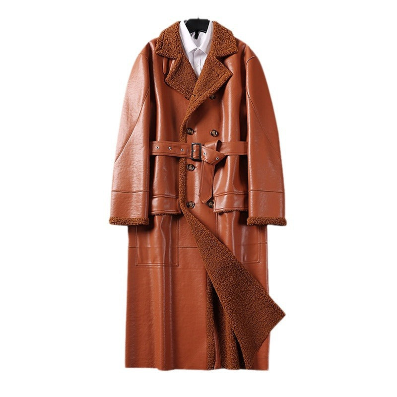 Men's Maxi-length Faux Leather Coat with Teddy Lining, Double-breasted Button Placket and Waist Belt Chichicherry