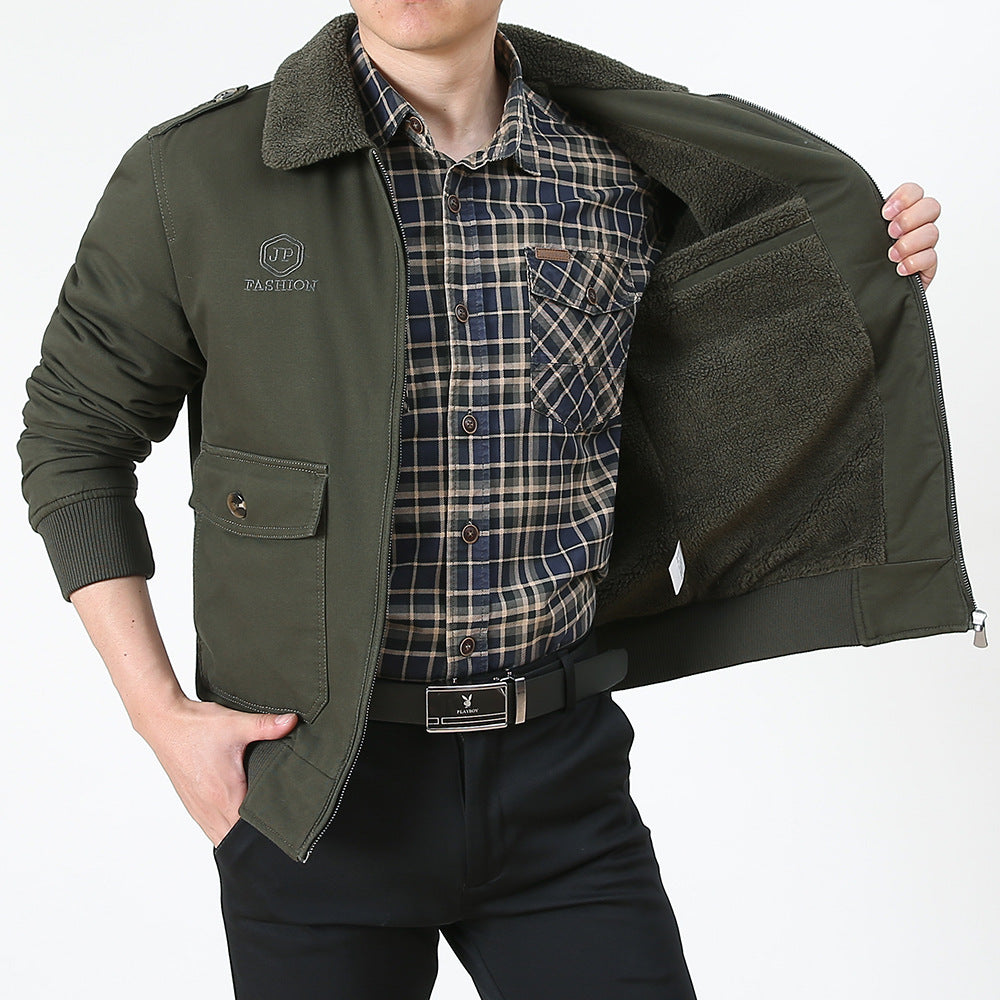 Men's short pilot-style jacket with Sherpa collar, patch pockets, and zipper Chichicherry