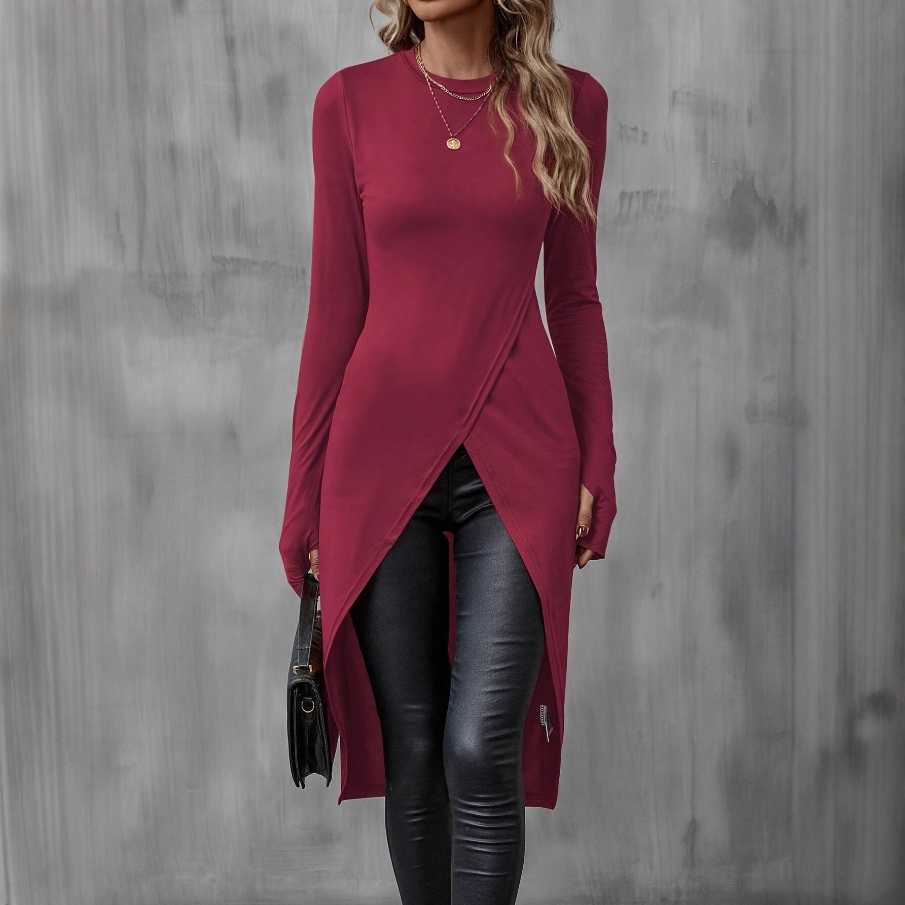 Women Asymmetrical Long Sleeve Tunic with Wrap Hem Chichicherry