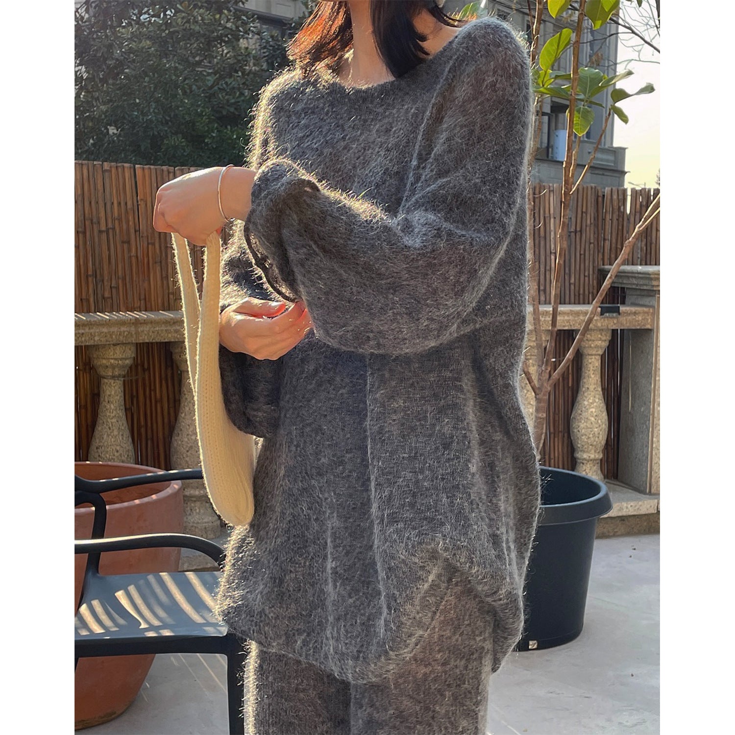 Women Mohair-Optic Lounge Set with Oversized Round Neck Sweater and Straight Knit Pants Chichicherry