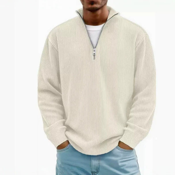 Men's Ribbed Half-Zip Knit Sweater with Stand Collar and Relaxed Fit Chichicherry
