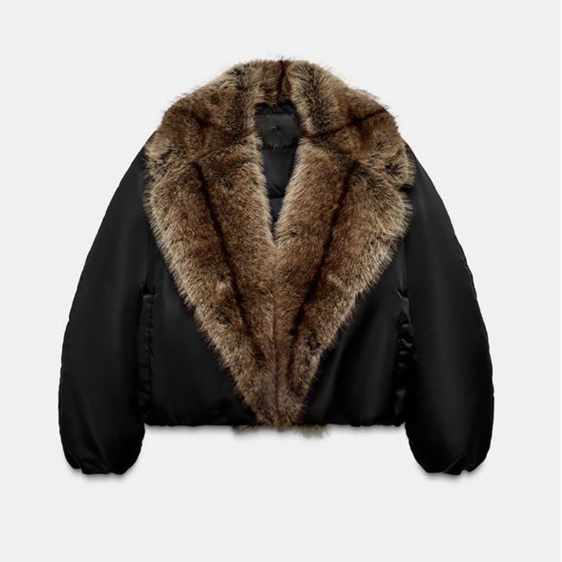 Women's Oversize Bomber Jacket with Voluminous Fur Collar and Satin Sleeves Chichicherry