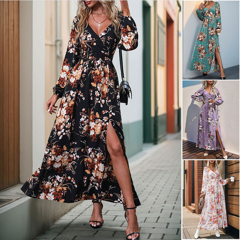 Women’s maxi dress with wrap effect, V-neck, waist gathering & side leg slit Chichicherry