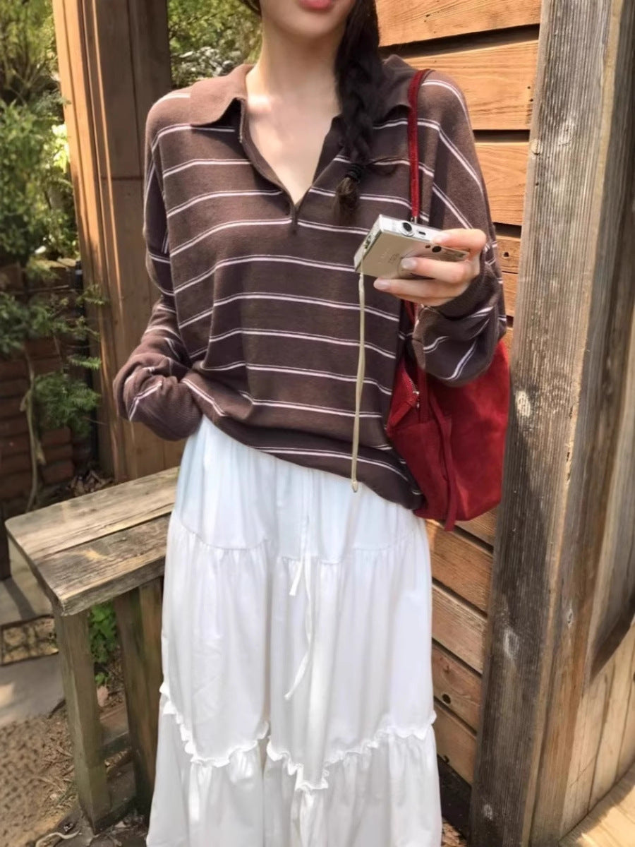 Women's Oversized Polo Collar Sweater with Stripes and Half Button Placket Chichicherry