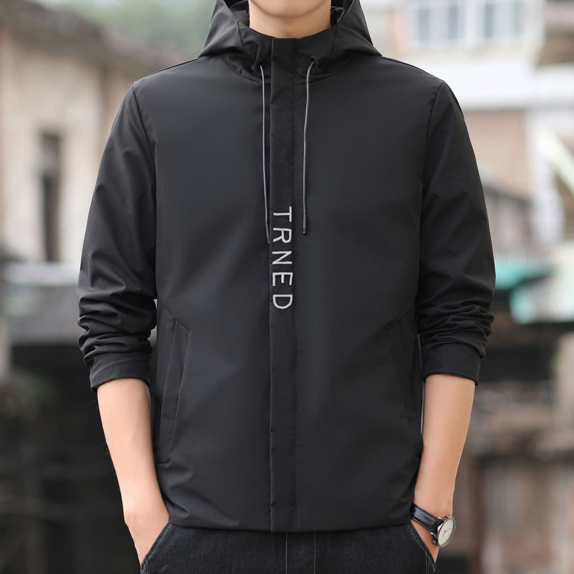 Men's lightweight hooded shell jacket with concealed zipper and minimalist utility look Chichicherry