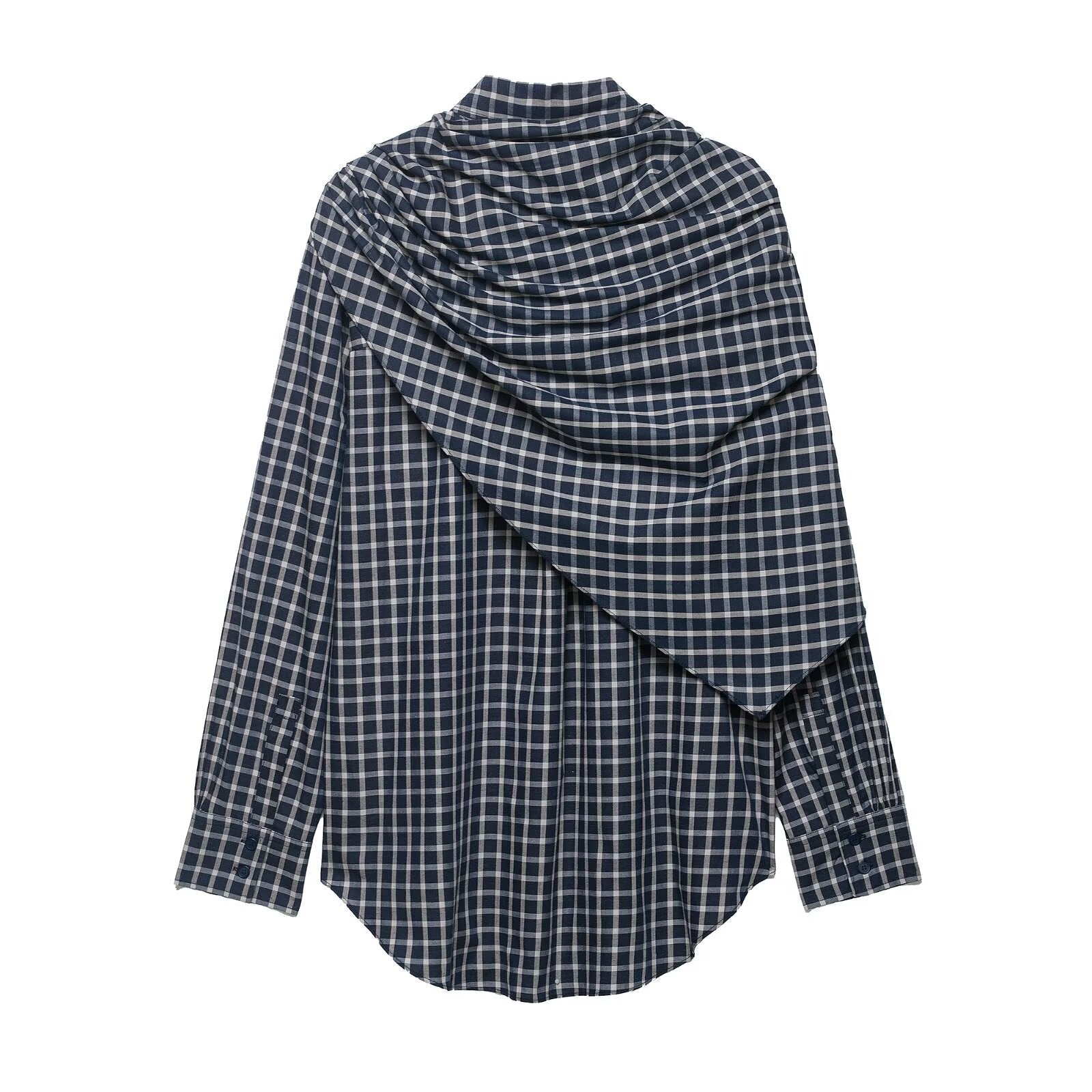 Women Oversize Shirt Blouse with Integrated Shoulder Scarf and Vichy Check Chichicherry