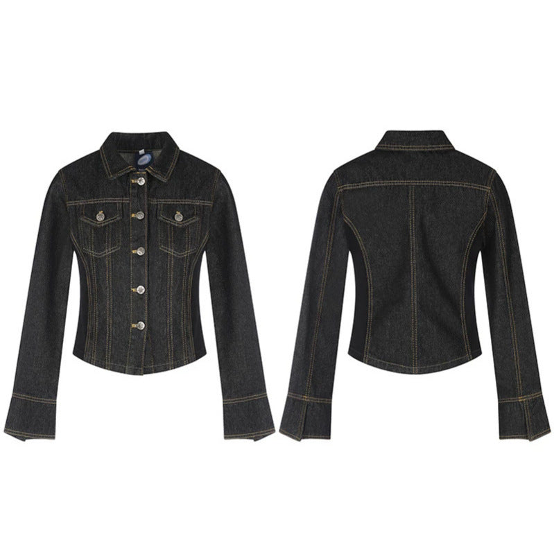 Women's tailored cropped denim jacket with shaping seams, chest patches, and decorative buttons Chichicherry
