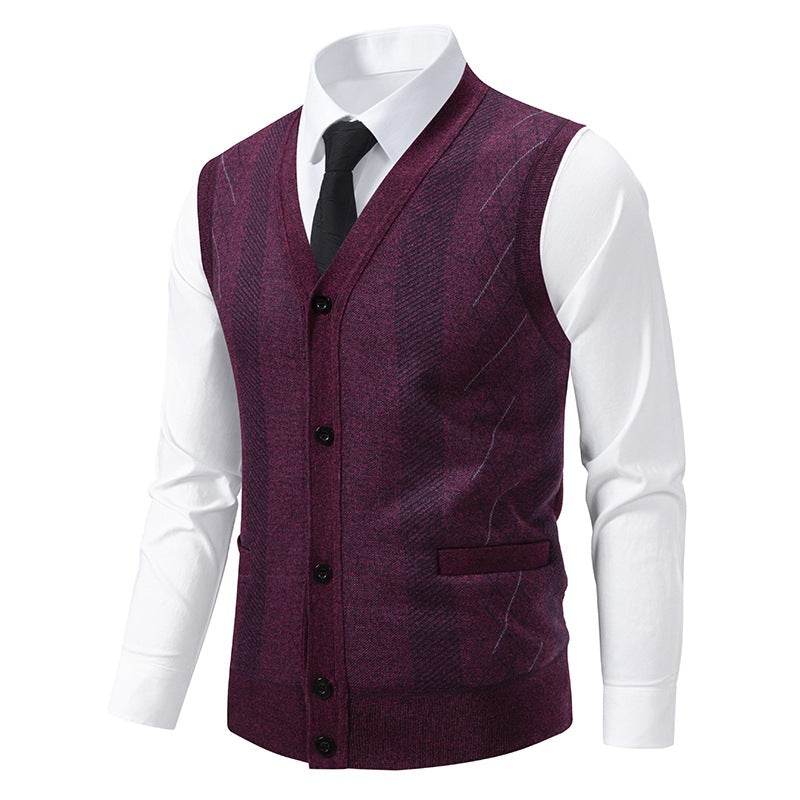Men's Tailored Fine Knit Vest with V-Neck, Button Placket, and Side Pockets Chichicherry