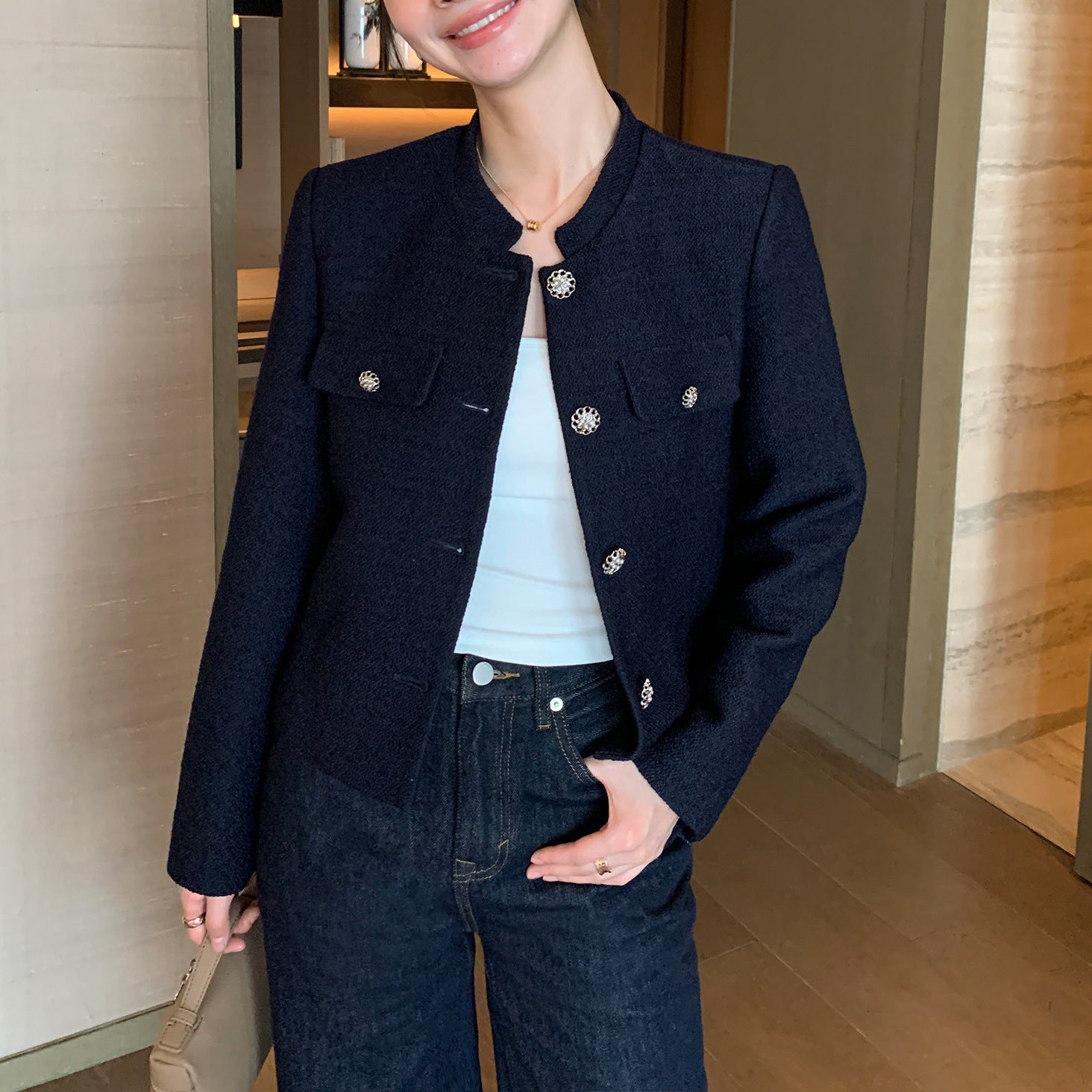 Women's Elegant Tweed Jacket with Golden Buttons Drune