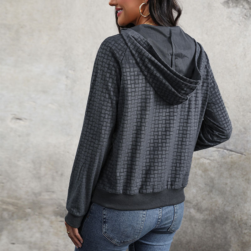 Ladies Textured Hooded Sweater with Button Placket and Pattern Structure Chichicherry