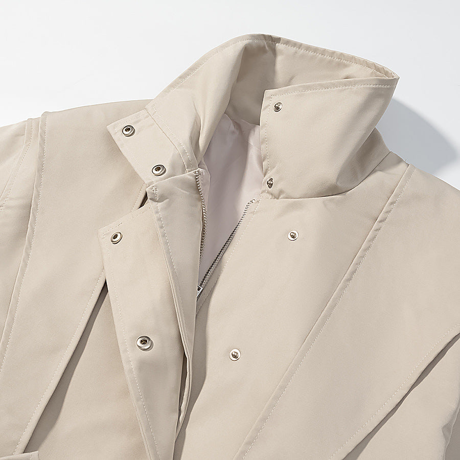 Women's Short Tailored Rain Jacket with Cape Shoulder Detail and Ties Belt Chichicherry
