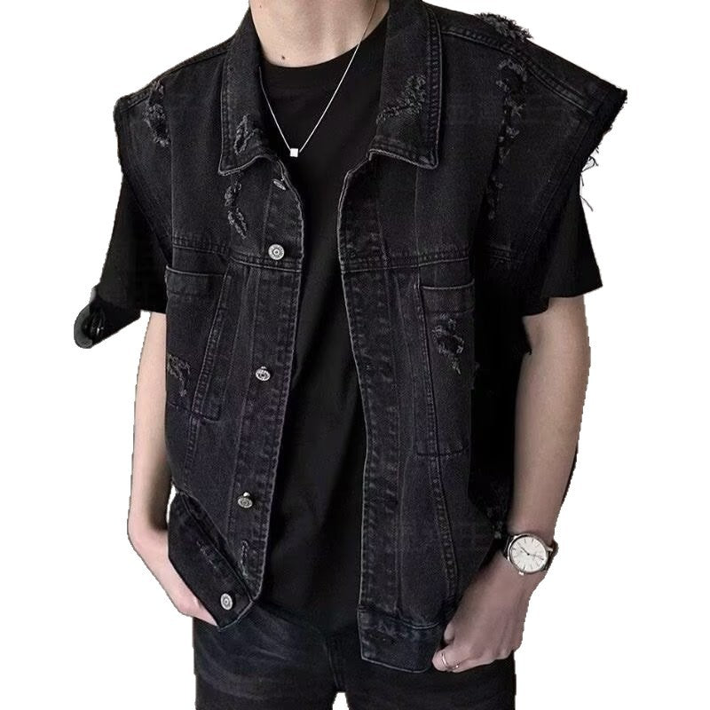 Herren Denim-Weste im Vintage-Used-Look mit Destroyed-Taschen und kastiger Passform Chichicherry