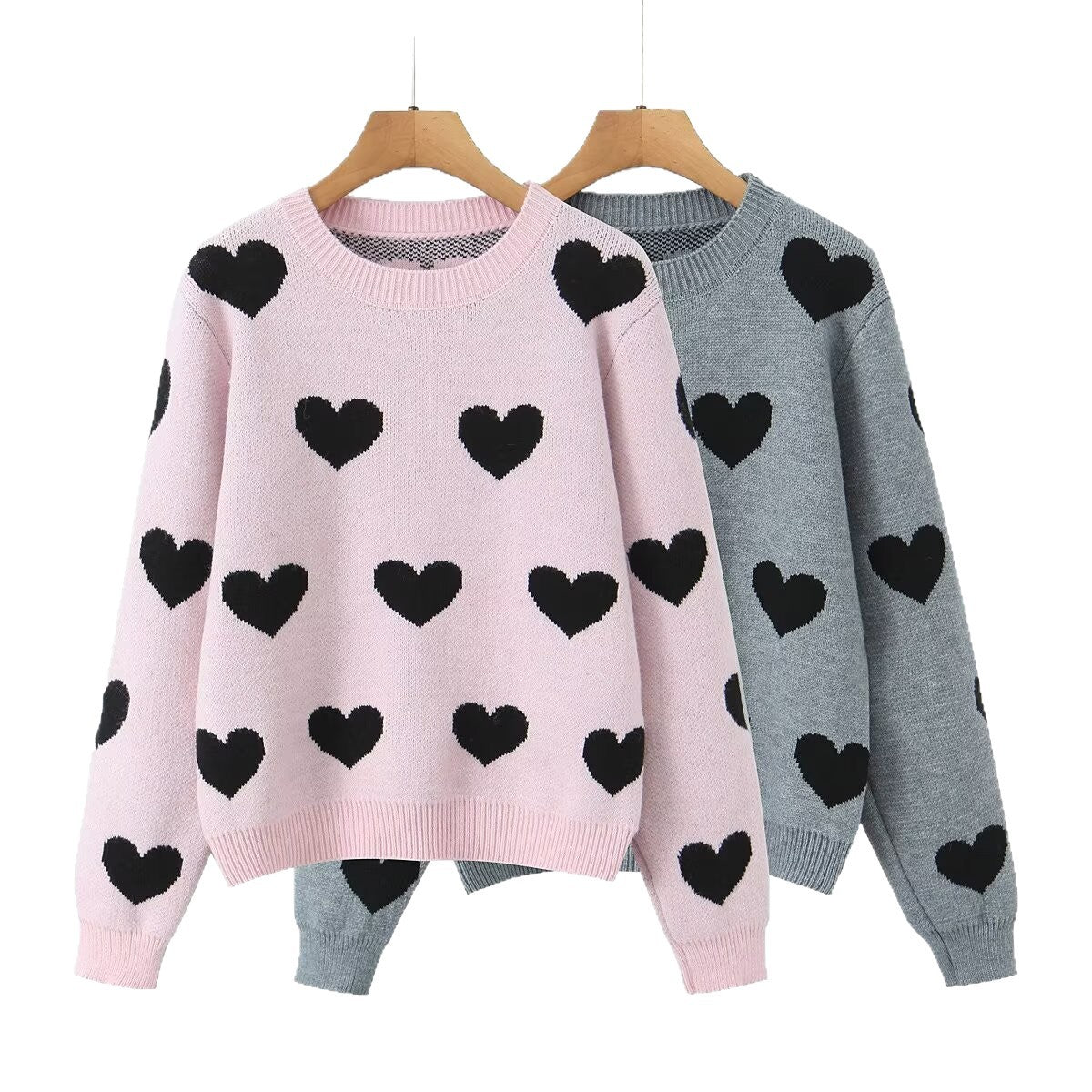 Women Oversize Knit Sweater with Heart Jacquard and Round Neck Chichicherry