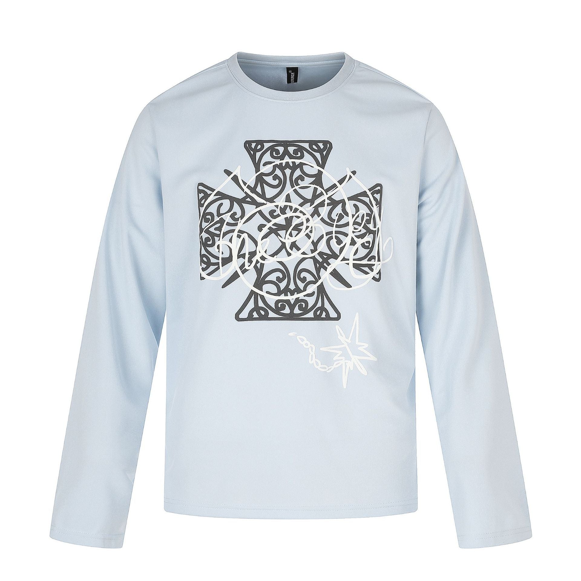 Women's Long Sleeve Round Neck Shirt with Decorative Print Chichicherry