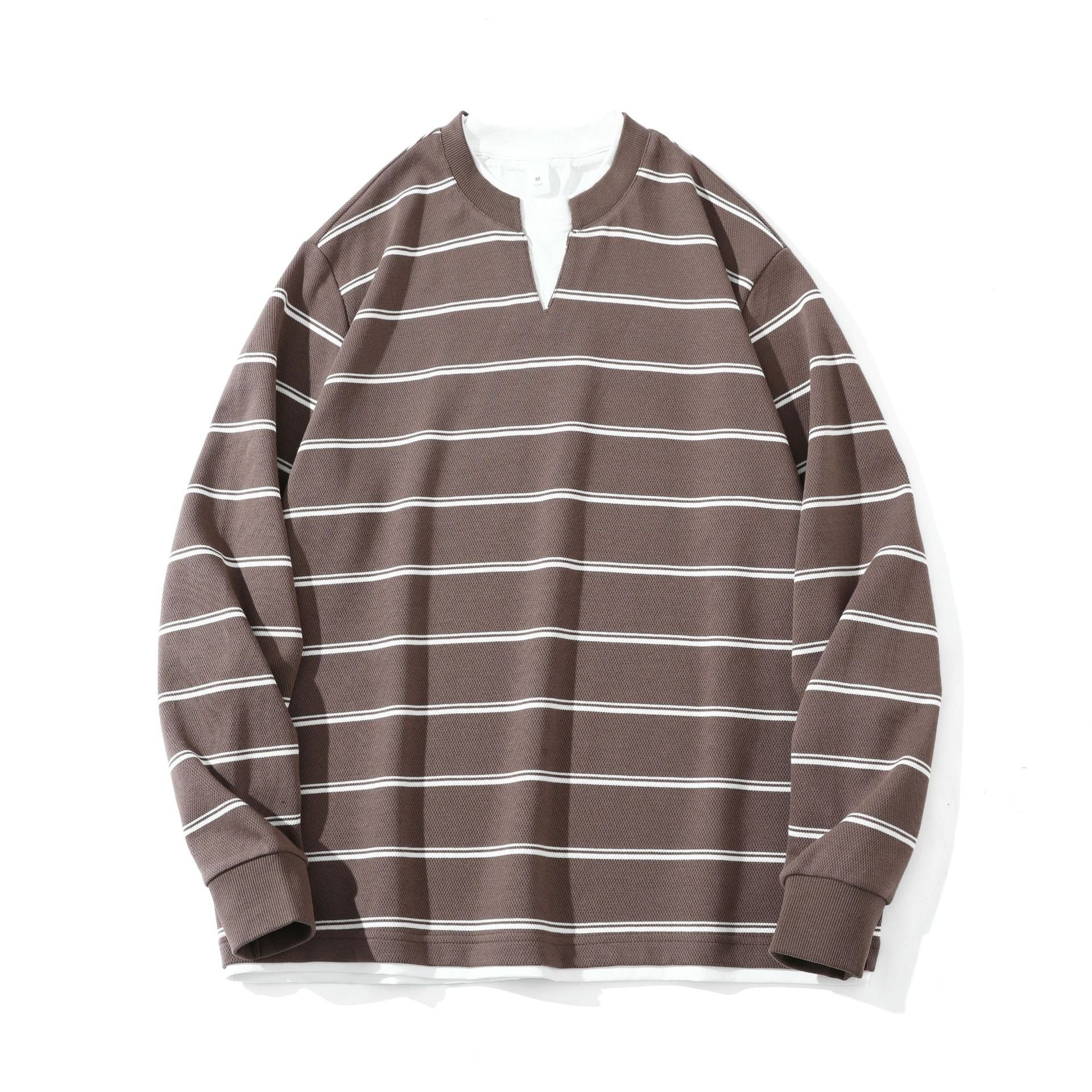 Unisex Striped Long Sleeve Sweatshirt with V-Notch and Waffle Texture Chichicherry