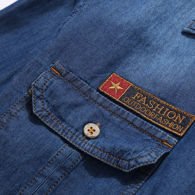 Men's denim shirt in worker-trucker style with chest flap pockets Chichicherry