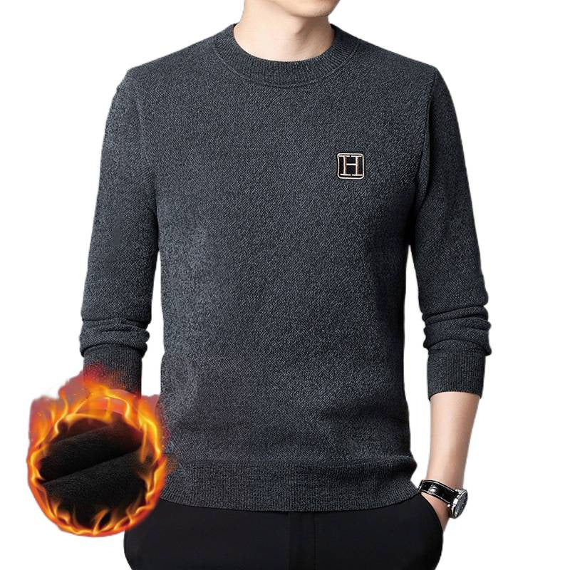 Herren Feiner Thermo-Rundhalspullover aus wärmendem Microfleece mit Slim‑Fit und Logopatch Chichicherry