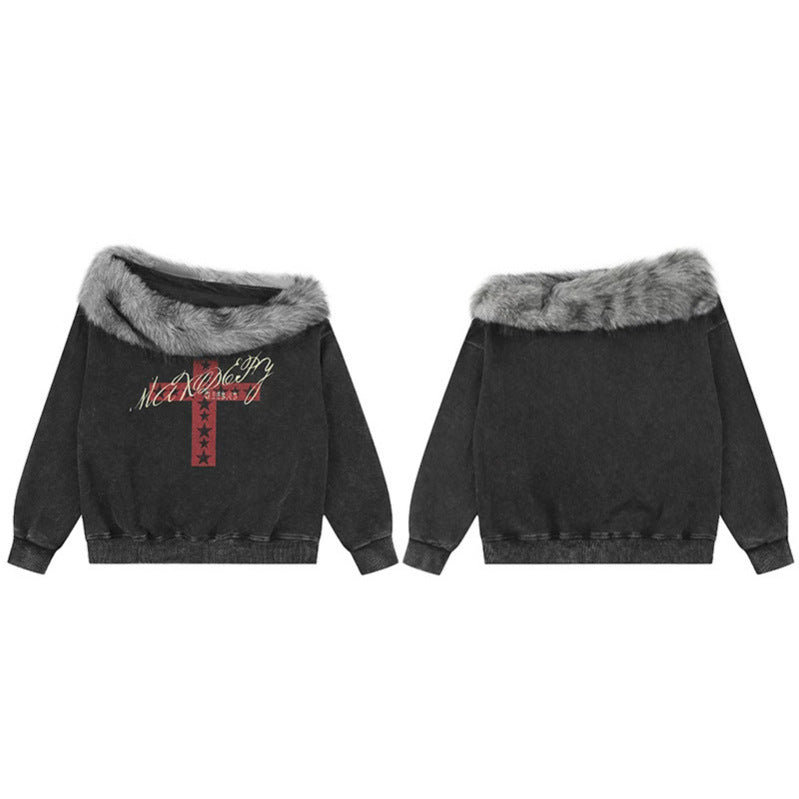 Women's Oversized Sweatshirt with Fur Collar, Vintage Wash and Cross Print Chichicherry