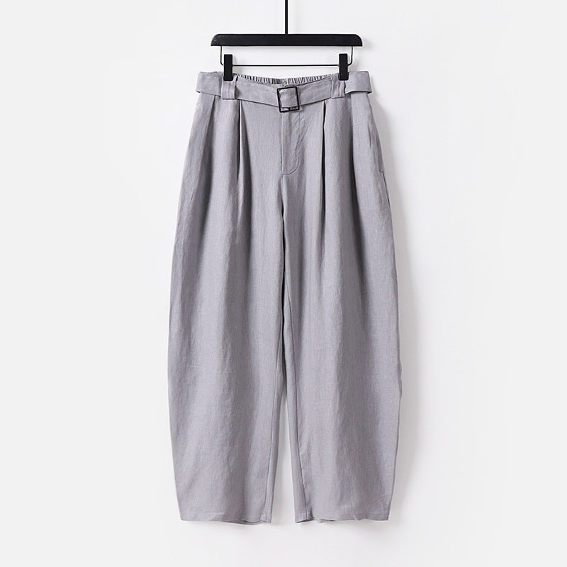 Women High-waisted wide linen blend pants with pleats and fabric belt Chichicherry