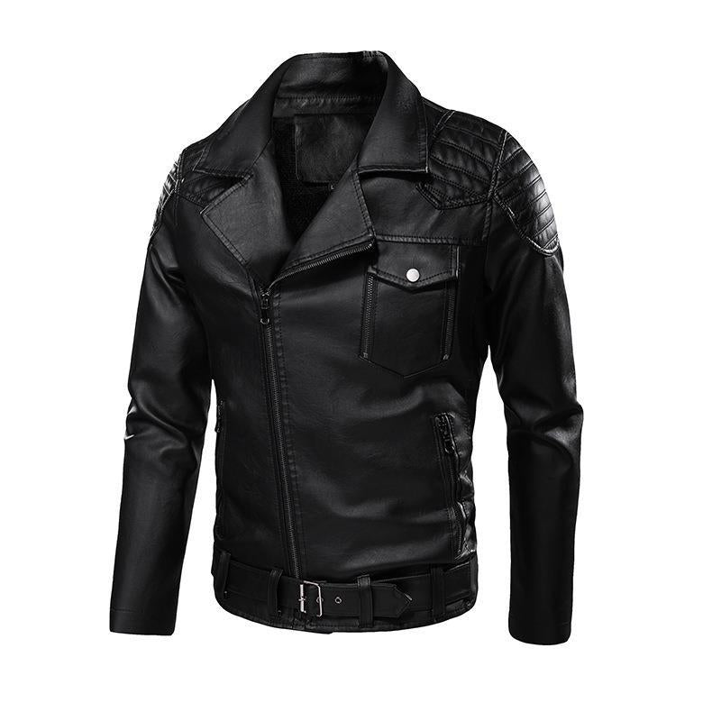 Men's faux leather biker jacket with shoulder quilting, asymmetric zipper, and adjustable belted waist Chichicherry