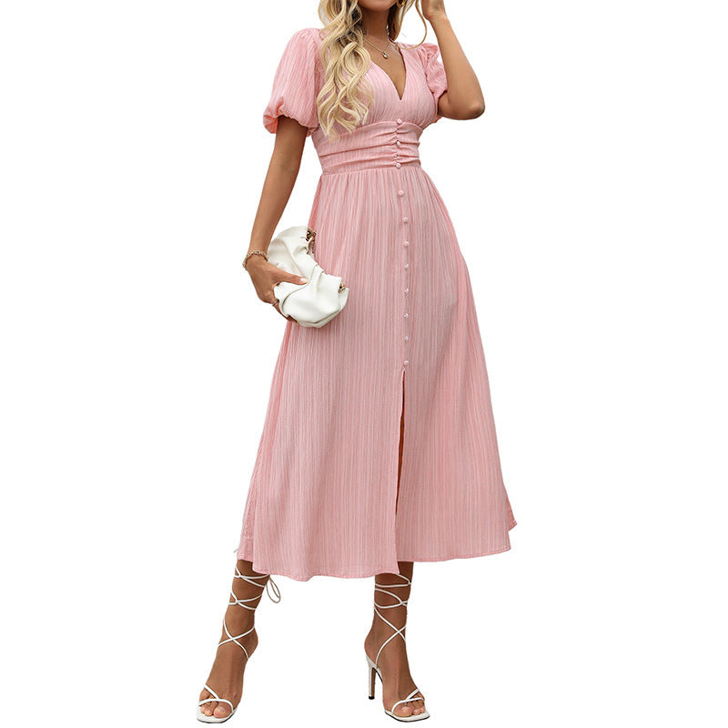Ladies figure-flattering midi dress with ribbed texture, puff sleeves, and V-neck Chichicherry