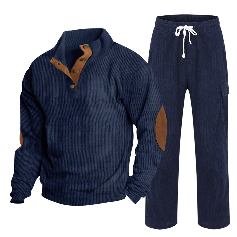 Men's Cozy Leisure Set made of Waffle Knit Henley with Elbow Patch and Relax Cargo Pants Chichicherry