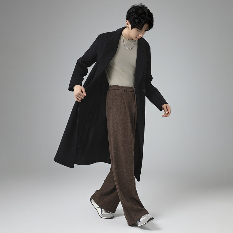 Men's Maxi-Length Wool Blend Coat with Concealed Button Placket and Draped Shawl Collar Chichicherry