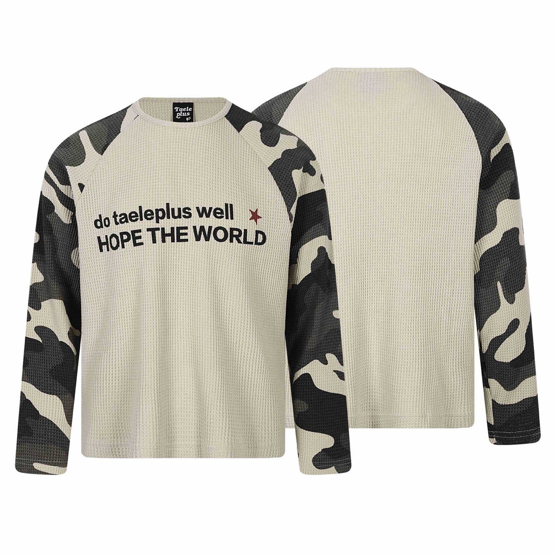 Unisex Waffle Knit Long Sleeve Shirt with Raglan Sleeves and Camouflage Details Chichicherry