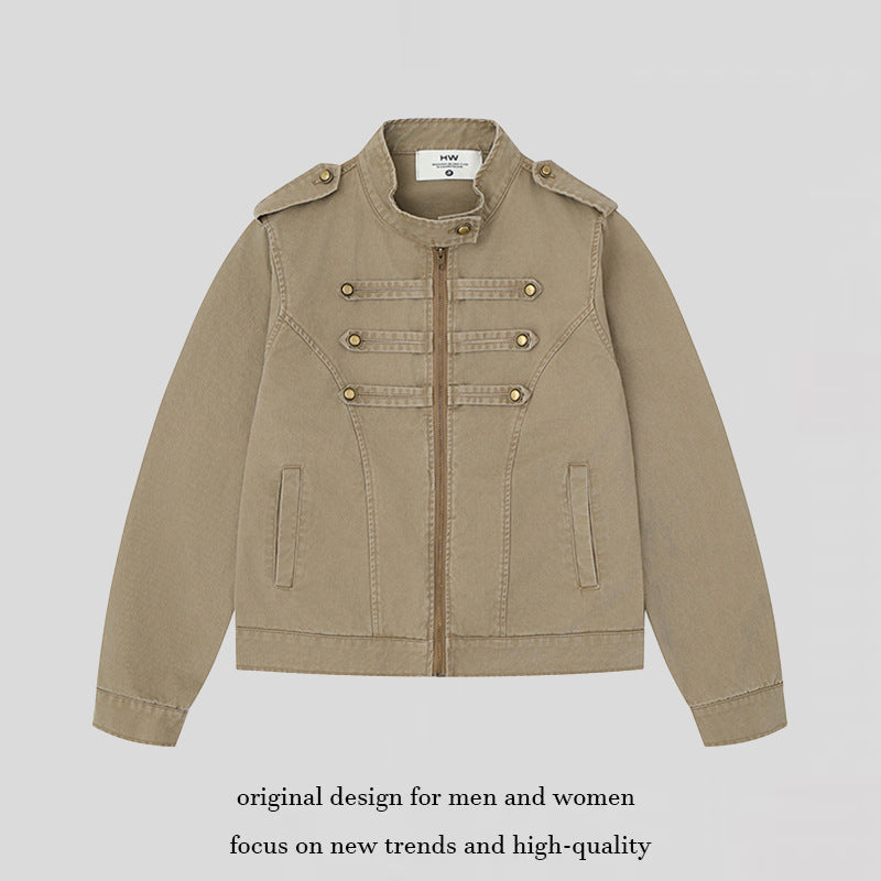 Women's military-inspired cotton canvas jacket with stand-up collar, decorative button plackets, and shoulder epaulets Chichicherry