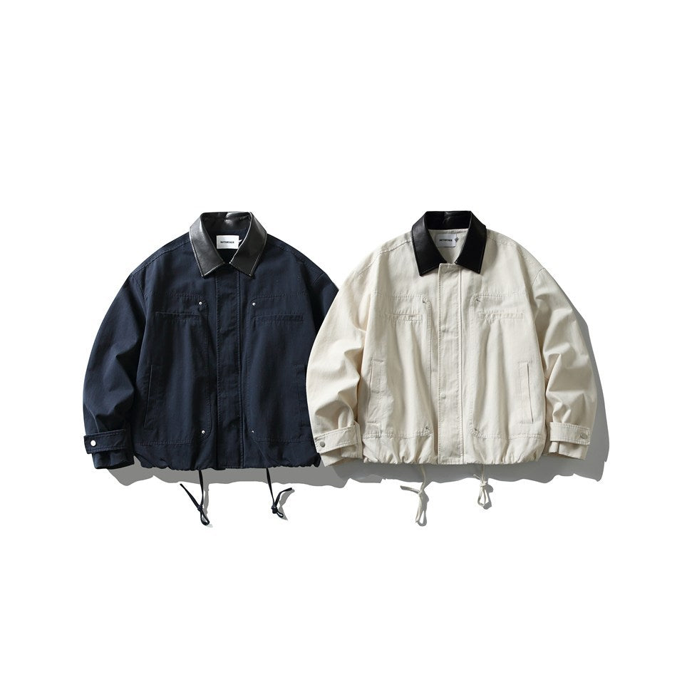 Men's short-cut boxy blouson jacket with faux leather collar, drawstring hem, and snap button cuffs Chichicherry