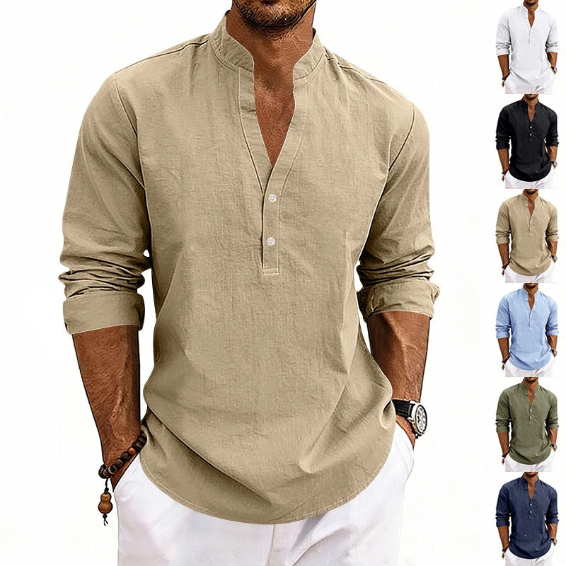Men's Casual Long Sleeve Shirt Made of Linen with Stand-Up Collar and Short Button Placket Chichicherry