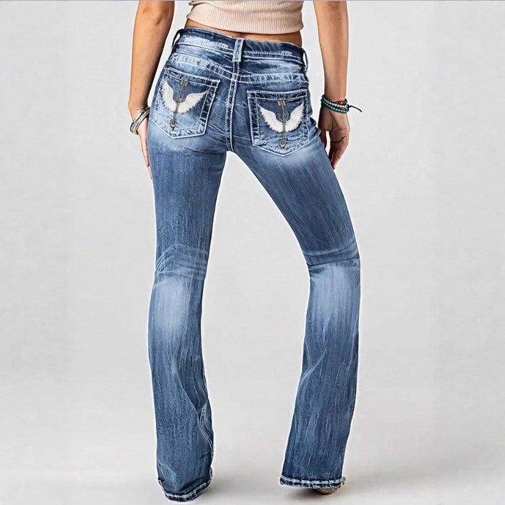 Women mid-rise bootcut jeans with vintage wash, light stretch and five-pocket design Chichicherry