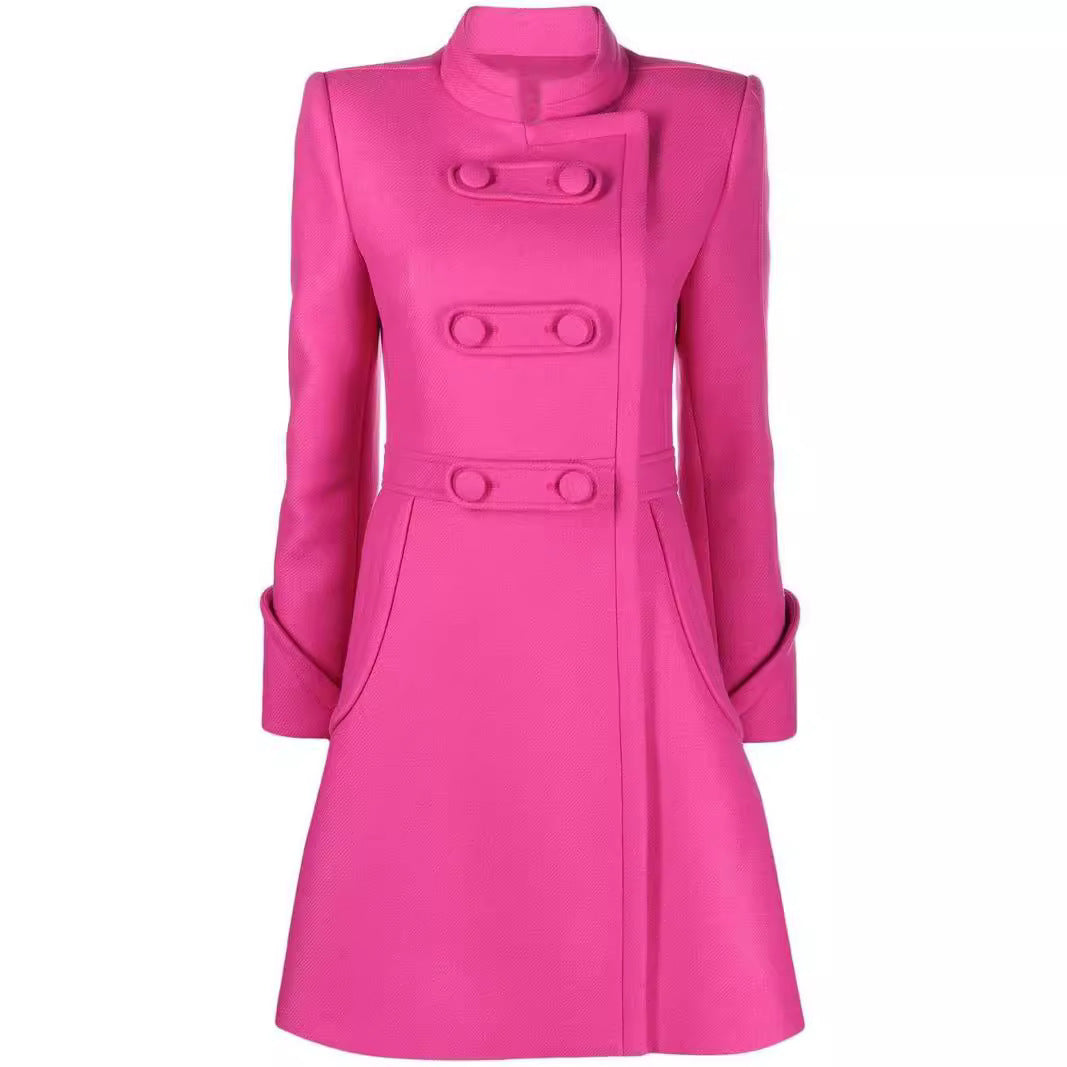 Women's Mid-Length A-Line Coat with Stand-Up Collar and Decorative Loop Closure Chichicherry