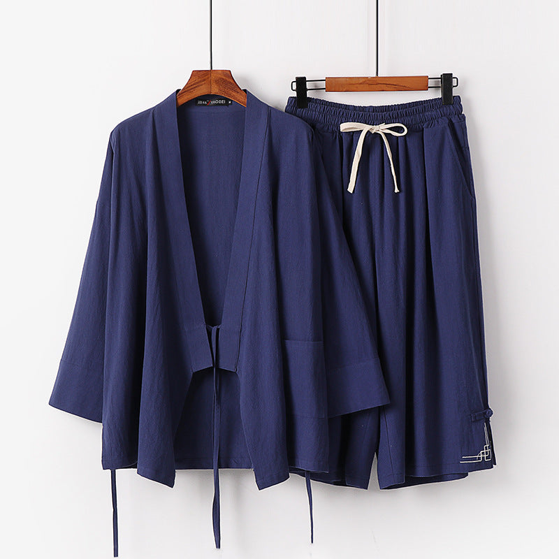 Women's Zen-Kimono-Lounge-Set made of breathable cotton blend with tie waist jacket and wide culotte pants Chichicherry
