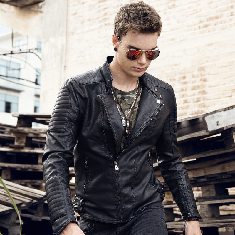 Men's Slim-Fit Biker Jacket made of Faux Leather with Quilted Shoulder and Sleeve Yoke Chichicherry