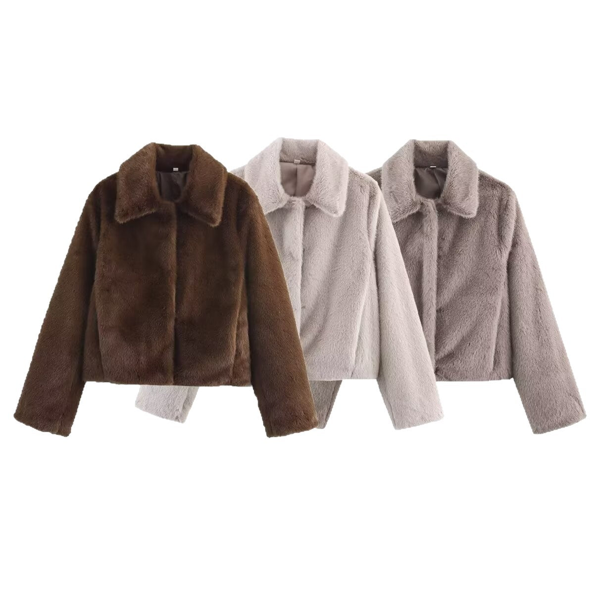 Women's Boxy Faux Fur Short Jacket with Classic Shirt Collar and Velvety Lining Chichicherry