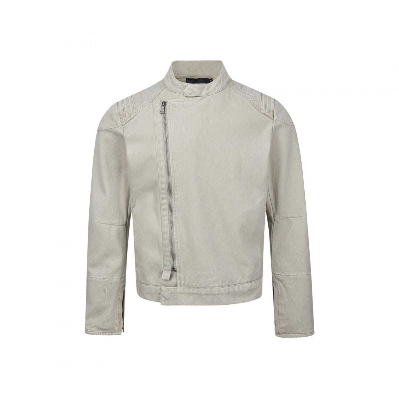Men's Asymmetric Short Jacket in Biker Style with Stand-up Collar and Diagonal Metal Zipper Chichicherry