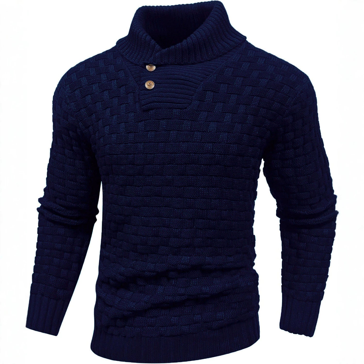 Men's chunky knit sweater with high roll neck, button placket and basket knit Chichicherry