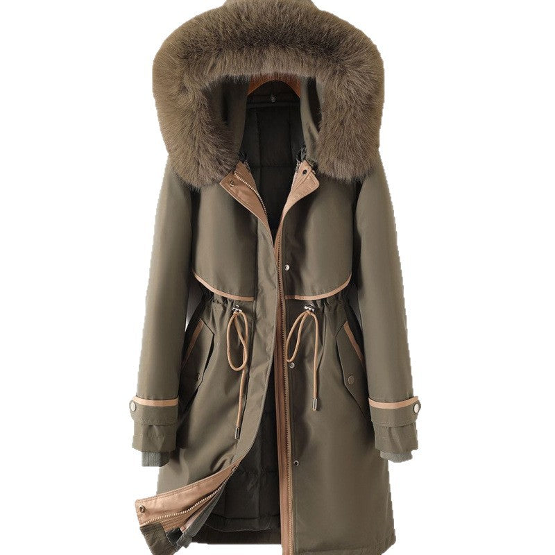 Women's long parka with faux fur hood, waist drawstring, and contrasting piping Chichicherry