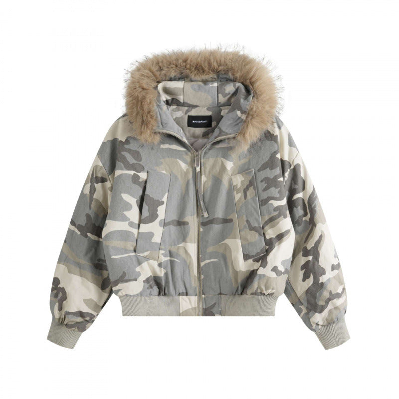 Women Short Boxy Bomber with Hood and Removable Faux Fur Trim Chichicherry