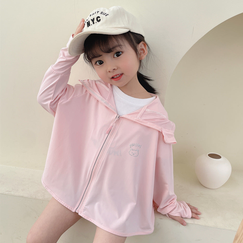 Women's lightweight hooded sun protection jacket with full-length zipper, high back hem, and cute bear print Chichicherry