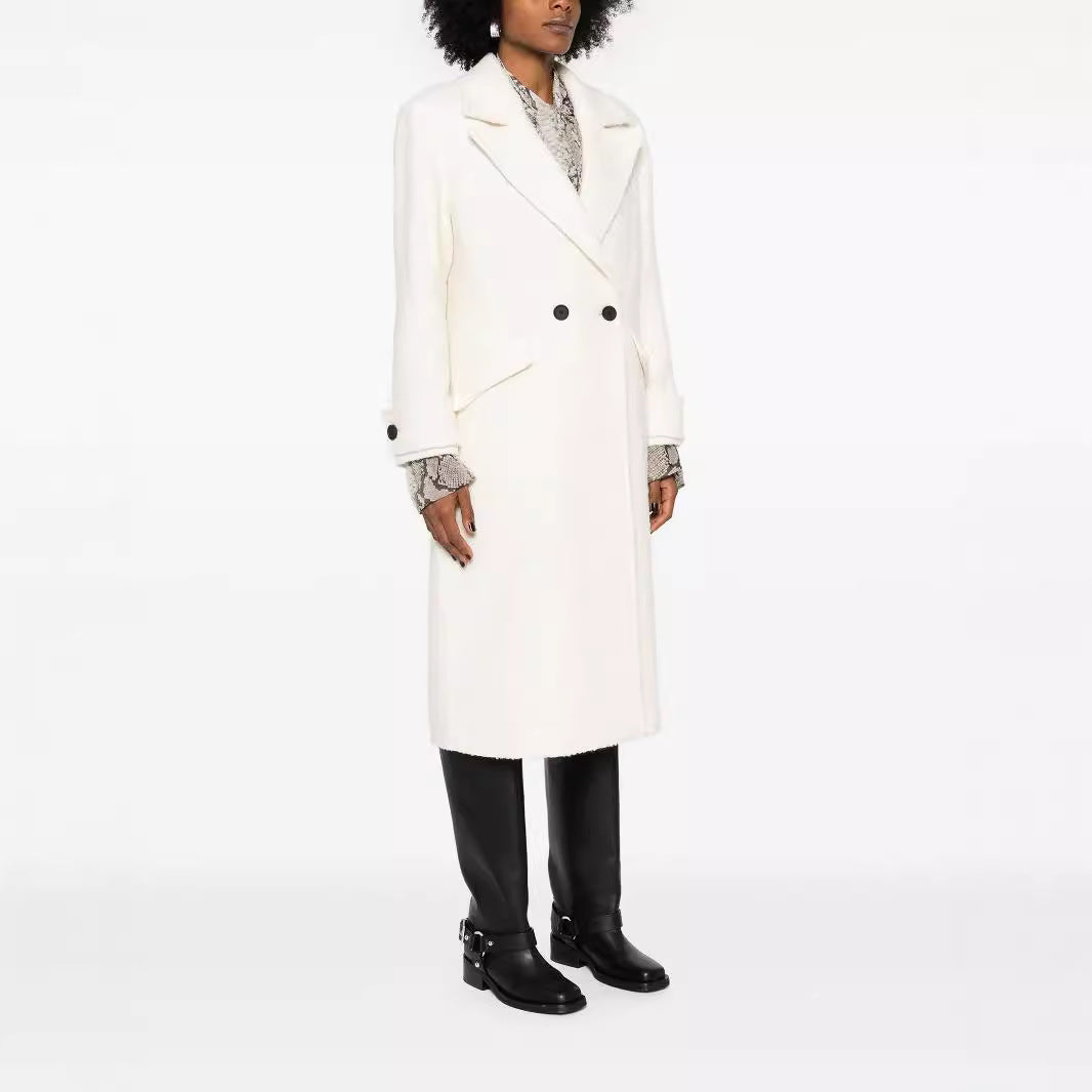 Women's Straight Cut Midi Wool Coat with Oversized Lapels and Concealed Button Placket Chichicherry