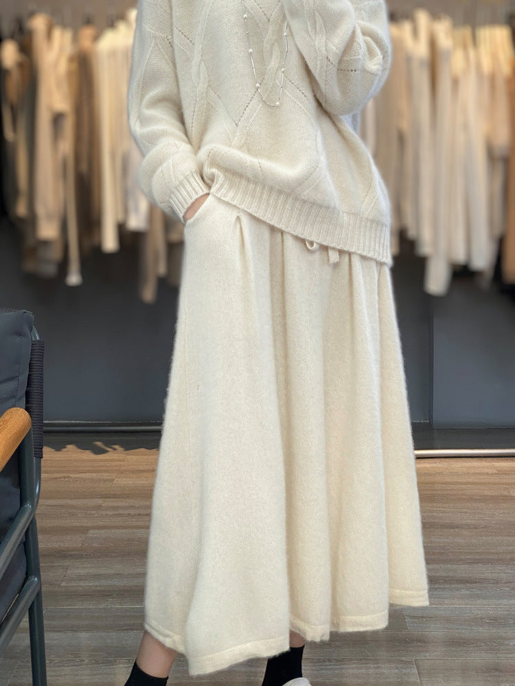 Women Midi-Length Cashmere-Effect Knit Skirt with Pleats and Drawstring Chicicherry