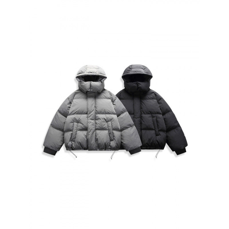 Unisex Short Padded Jacket with Hood, High Stand-Up Collar, and Adjustable Hem Chichicherry