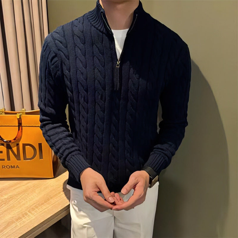 Herren Zopfstrick-Halbzip-Pullover mit Stehkragen Chichicherry