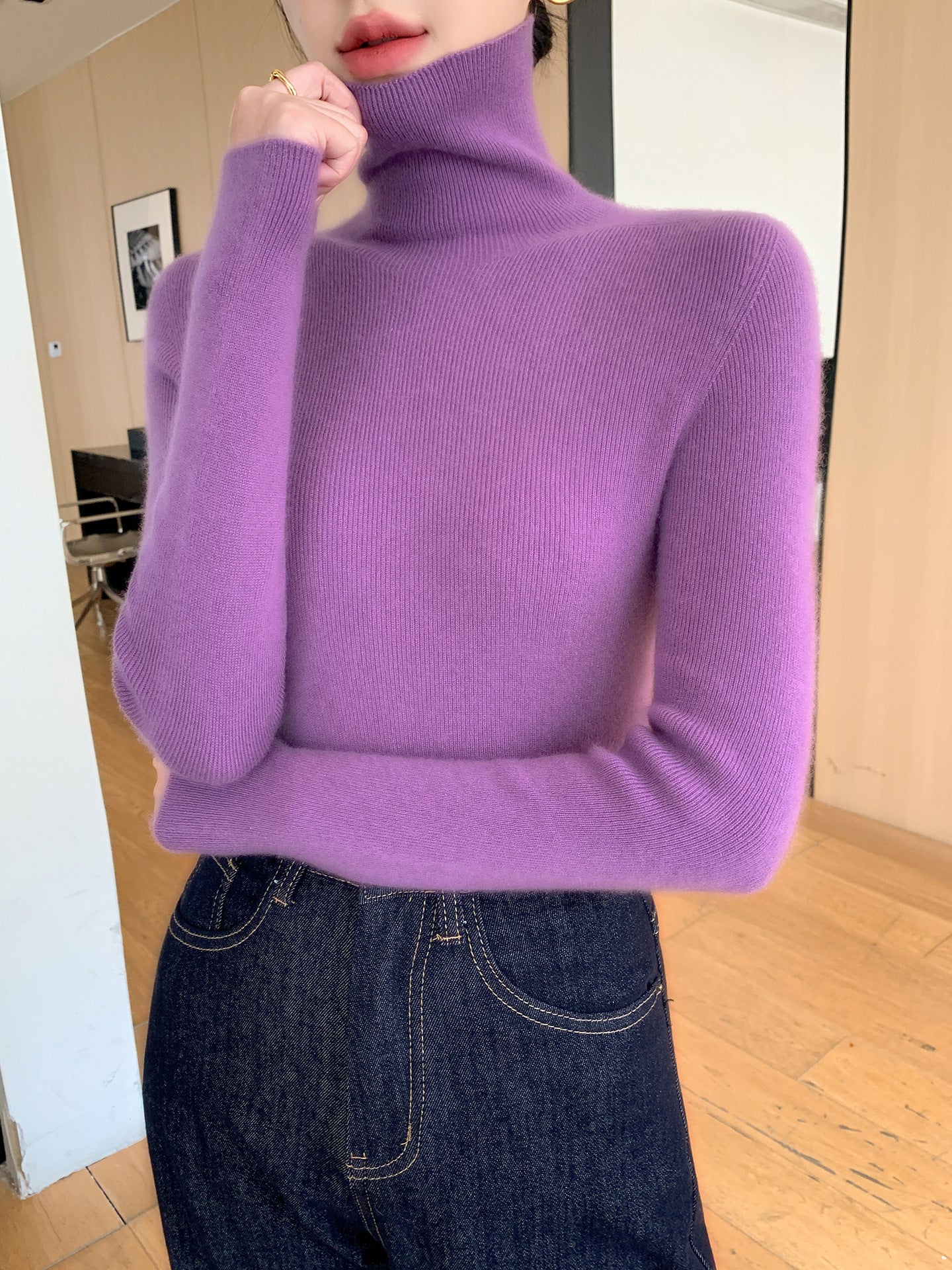 Women's Slim Fine Knit Sweater with High Turtleneck and Fine Rib Structure Chichicherry