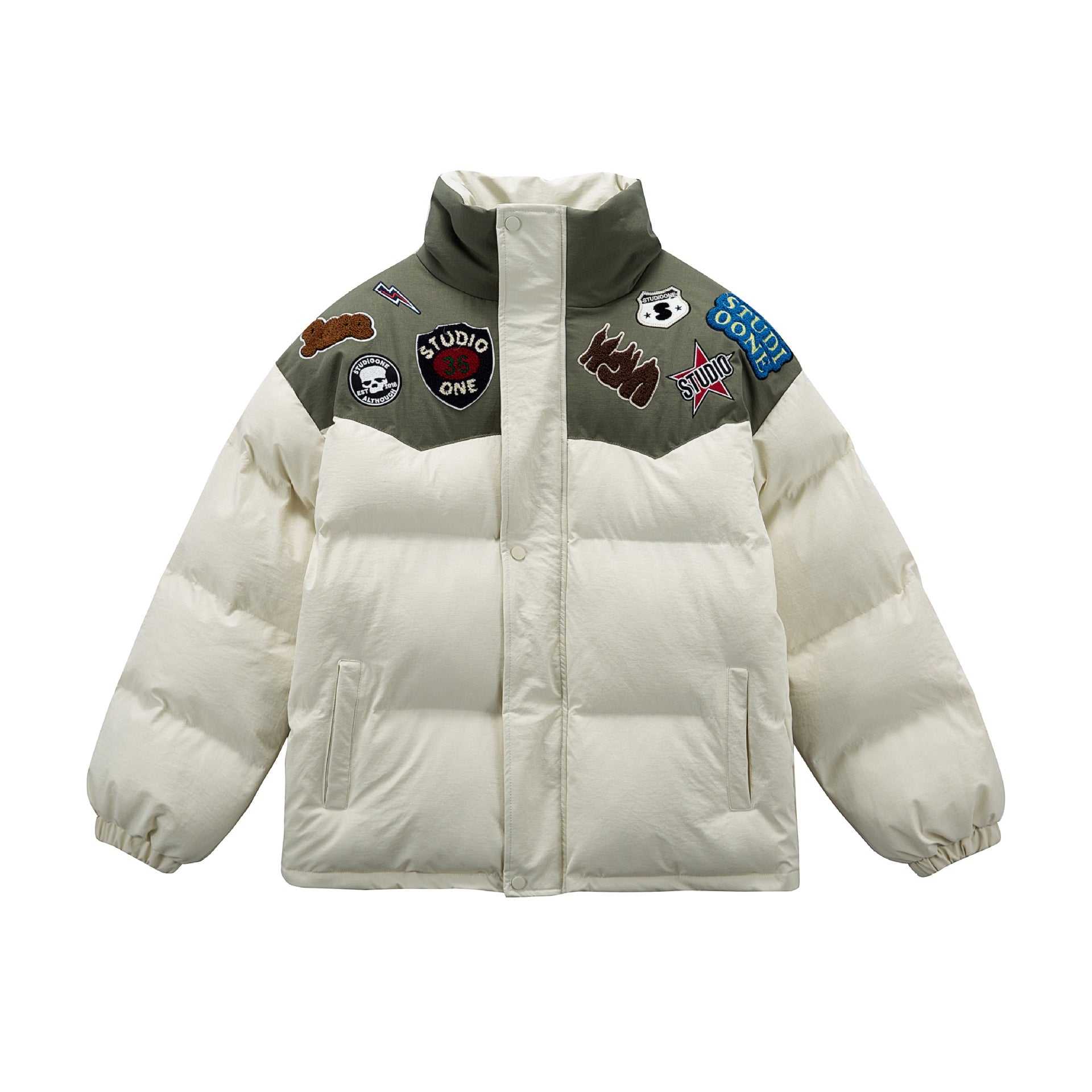 Unisex Padded Puffer Jacket with Embroidered Patch Applications Chichicherry